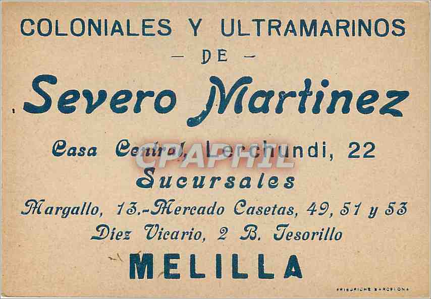 Chromo Coloniales y ultrmarinos de Severo Martinez Maroc Tanger Fez Melilla — Rückseite