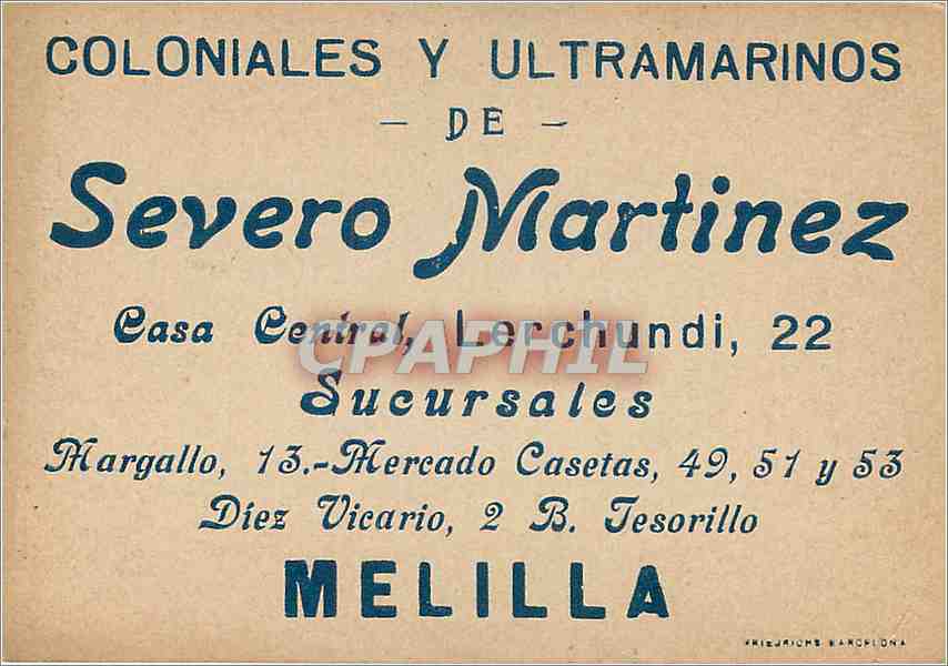 Chromo Coloniales y ultrmarinos de Severo Martinez Melilla Montenegro — Rückseite