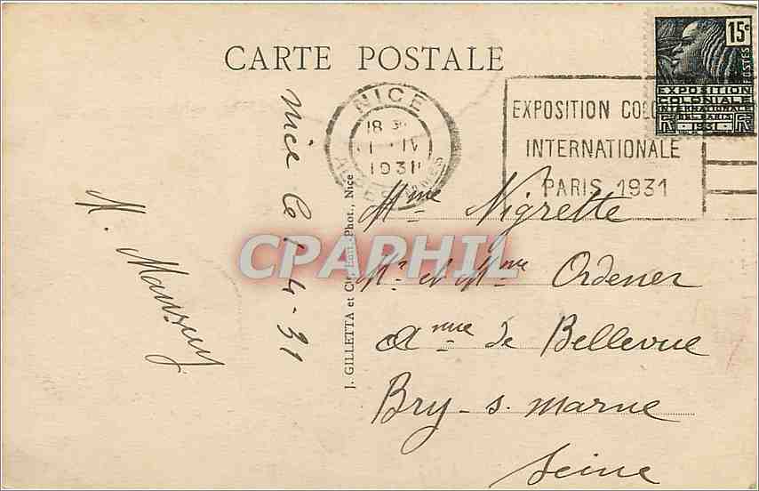 CPA Cote d'Azur a vol d'eroplne de ice a menton — Rückseite