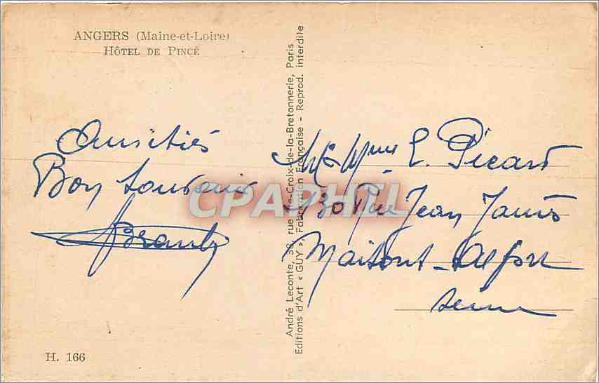 CPA Angers maine et loire Hotel de Pince — Rückseite