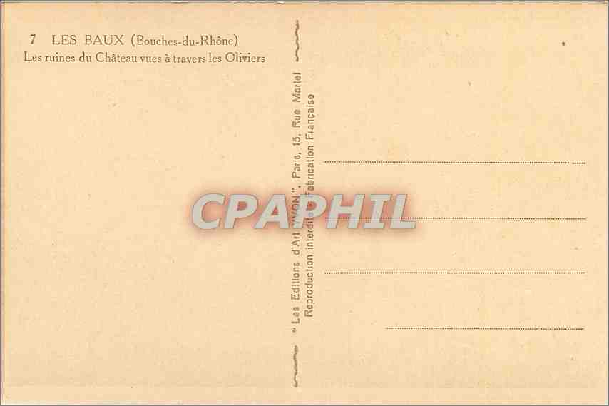 Les Baux (Bouches-du-Rhône) — Ansicht der Schlossruinen durch die Olivenbäume — Verlag: Les Éditions d'Art D'ON, Paris — Rückseite