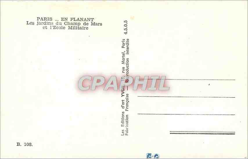 CPM Paris en flanant les jardins du champs de mars et l'ecole Militaire — Verso