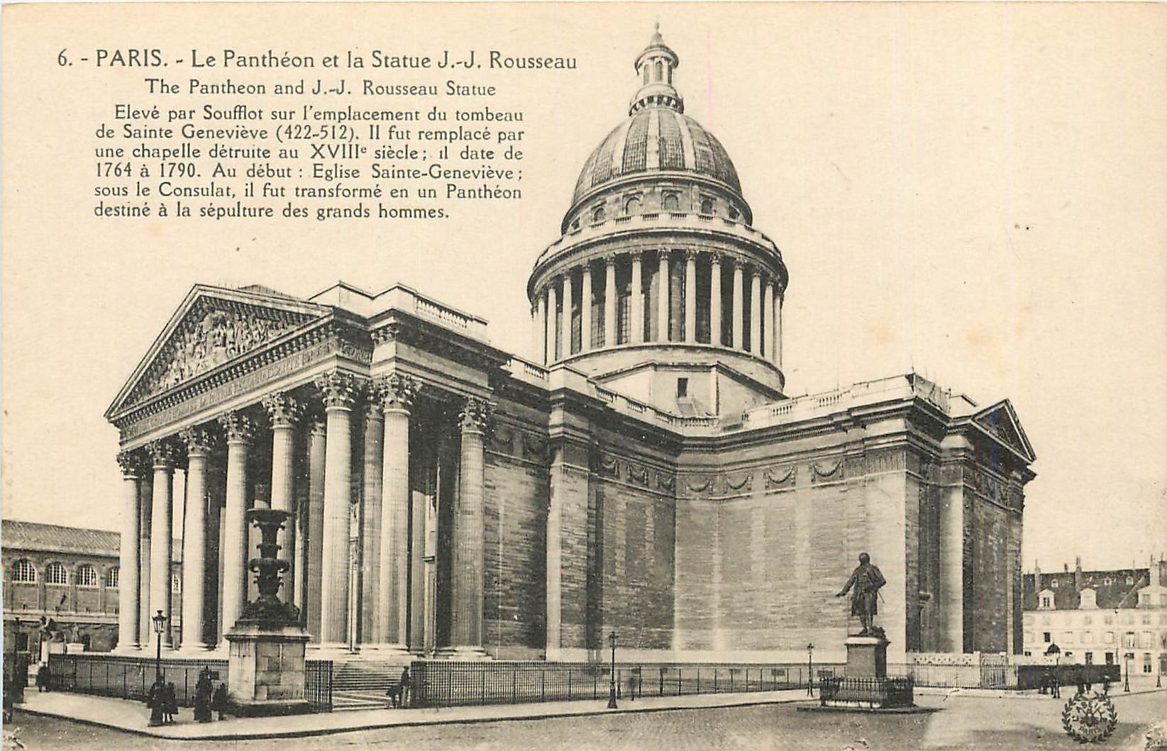 CPA Paris le panthoen et la statue JJ Rousseau