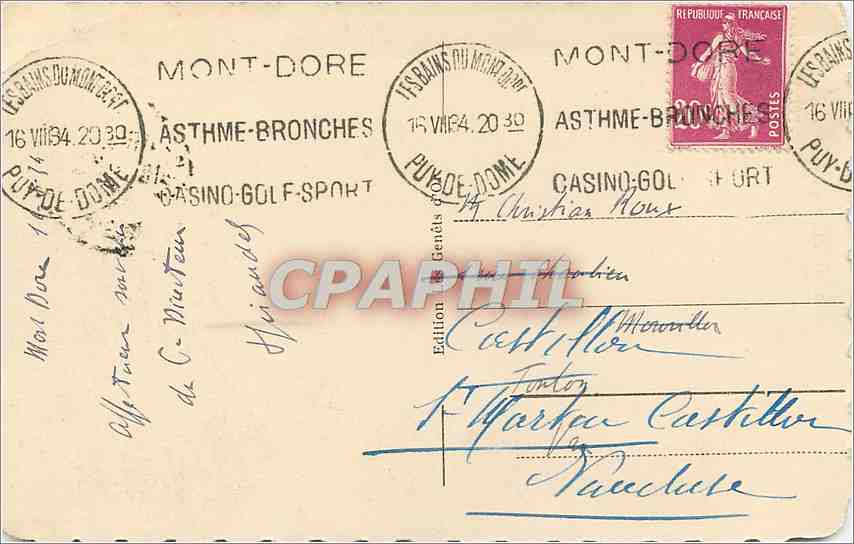 CPA Le mont dore la croix et le capucin — Verso