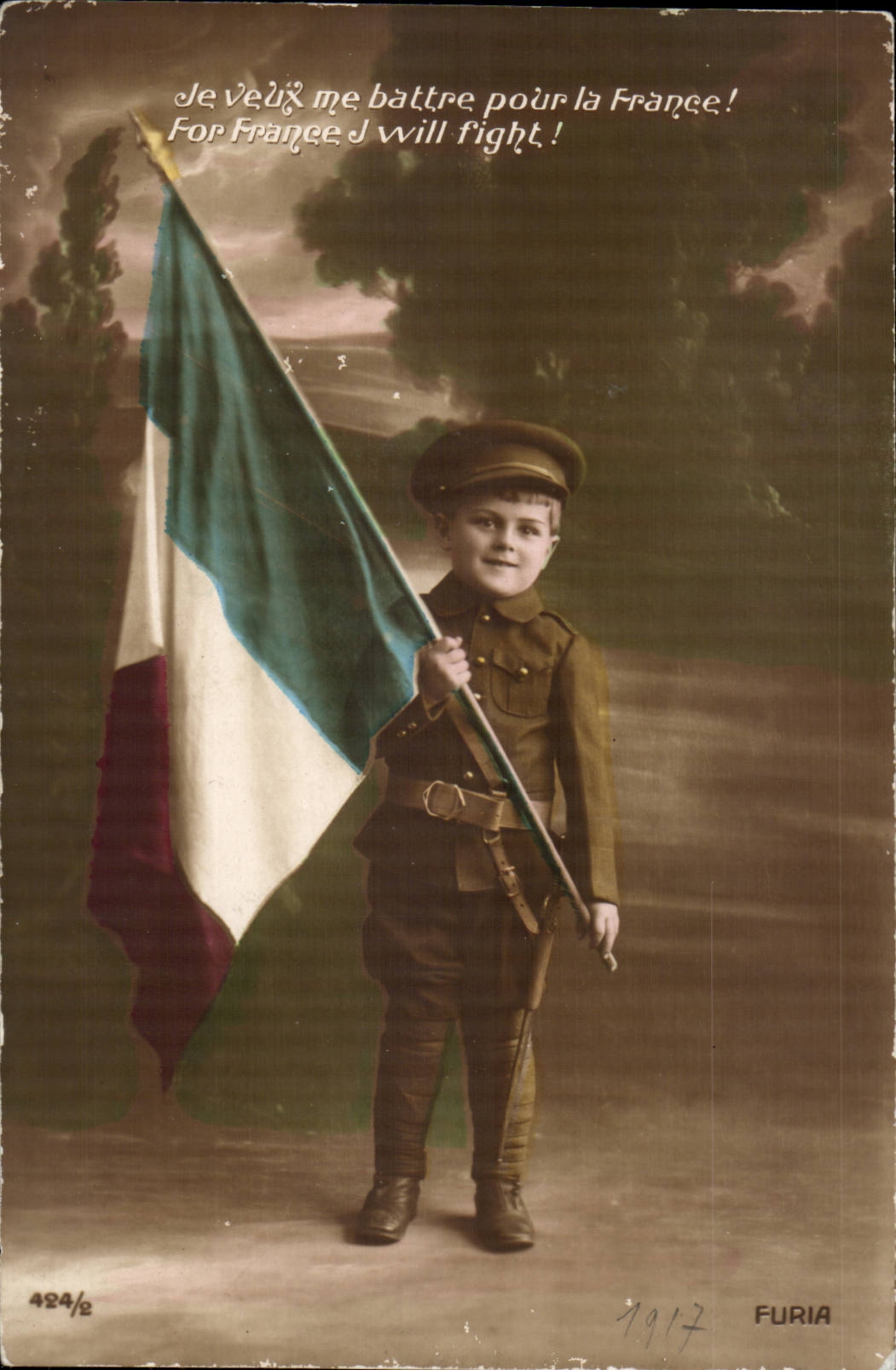 CPA Je veux me battre pour la France (drapeau enfant) Patriotique Militaria Anglais Francais