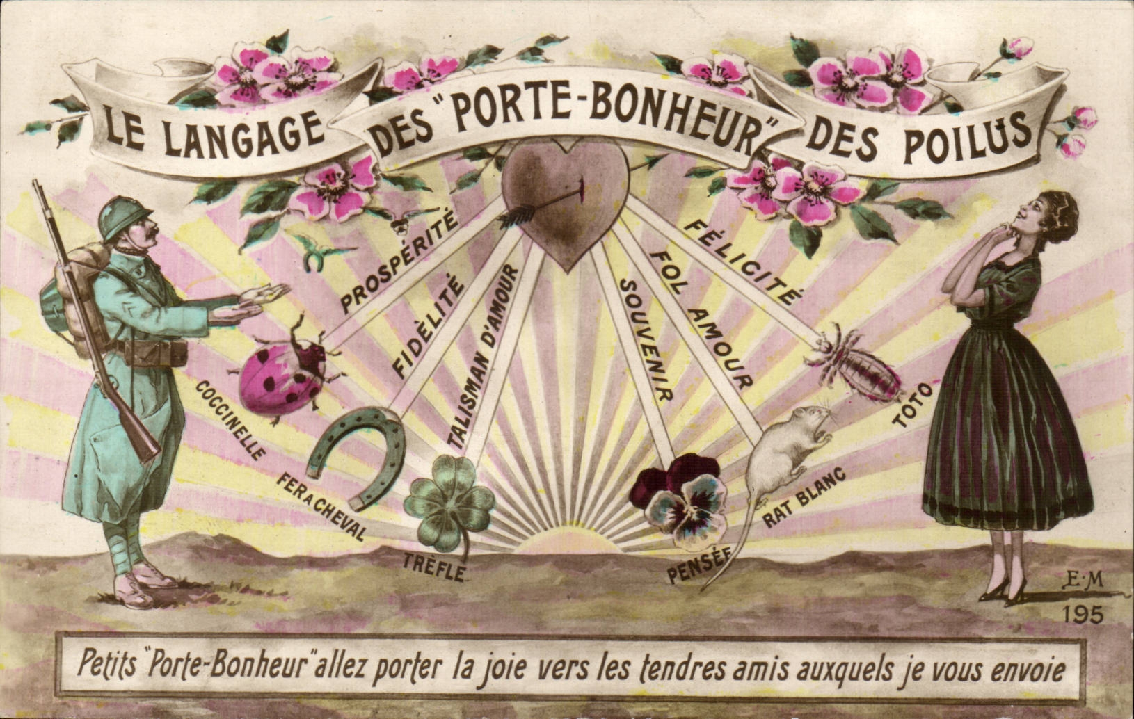 CPA Le langage des porte bonheur des poilus Petits porte-bonheur allez porter la joie vers les tendres amis Coeur
