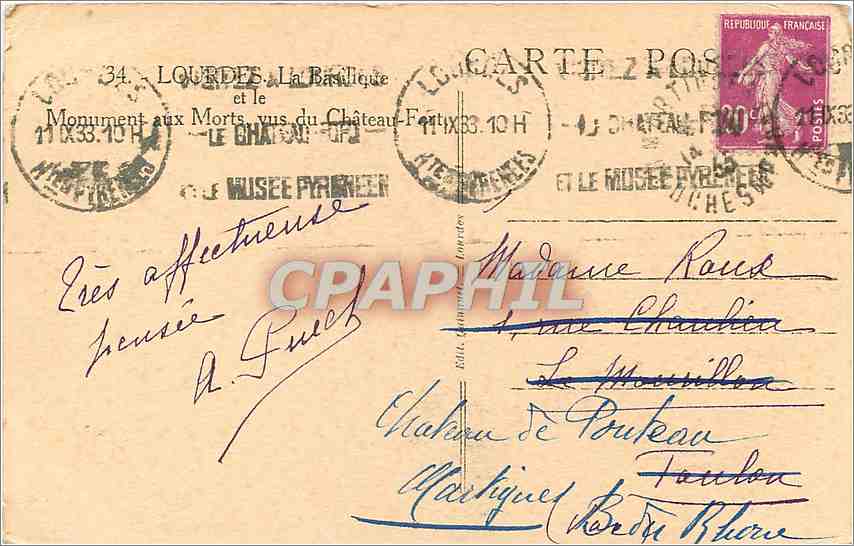 CPA Lourdes La Basilique et le Monument aux Morts vus du Chateau  — Verso