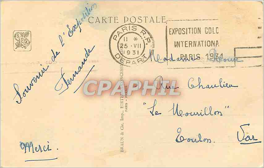 CPA Paris Les Missions Catholiques Exposition coloniale internationale 1931 — Rückseite