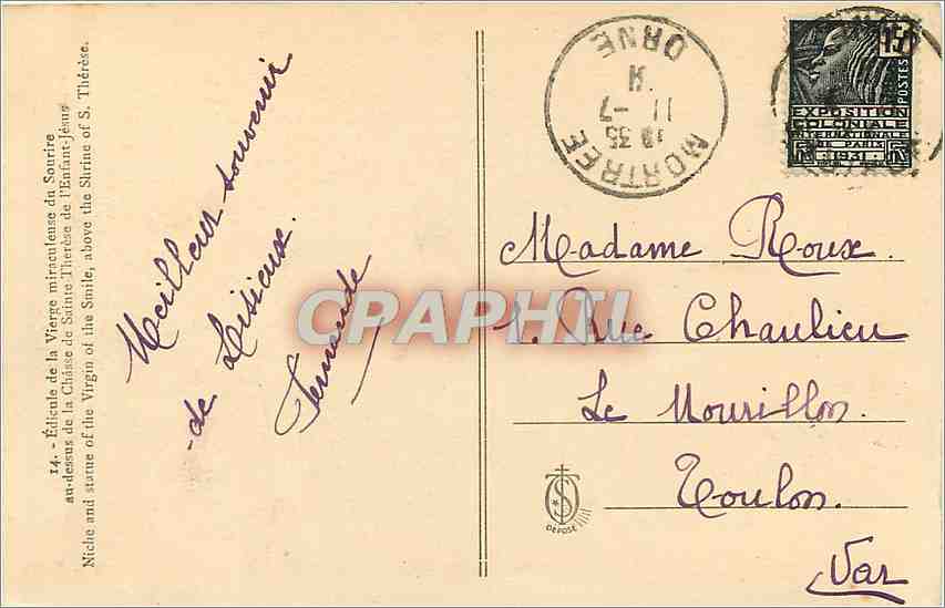 Édicule de la Vierge miraculeuse du Saint-Jean — éditeur DEROSE — n°14 — Rückseite