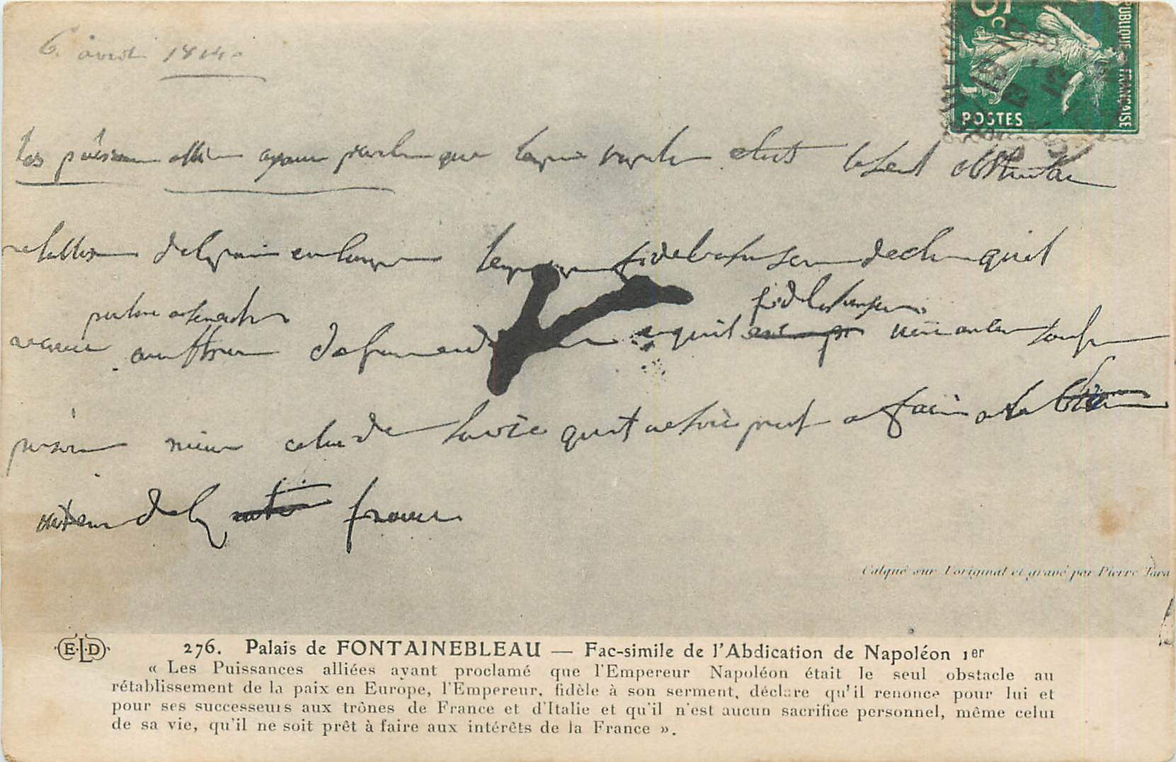 Palais de FONTAINEBLEAU — Fac-simile de l'Abdication de Napoléon Ier — Éditeur E.D. n°276