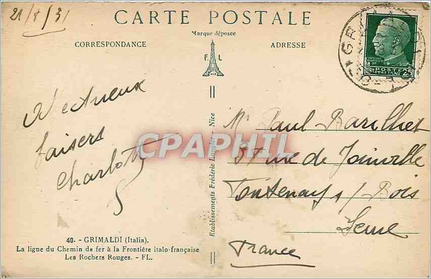 CPA Grimaldi Italia La Ligne du Chemin de fer a la Frontiere italo francaise Les Rochers Rouges  — Rückseite