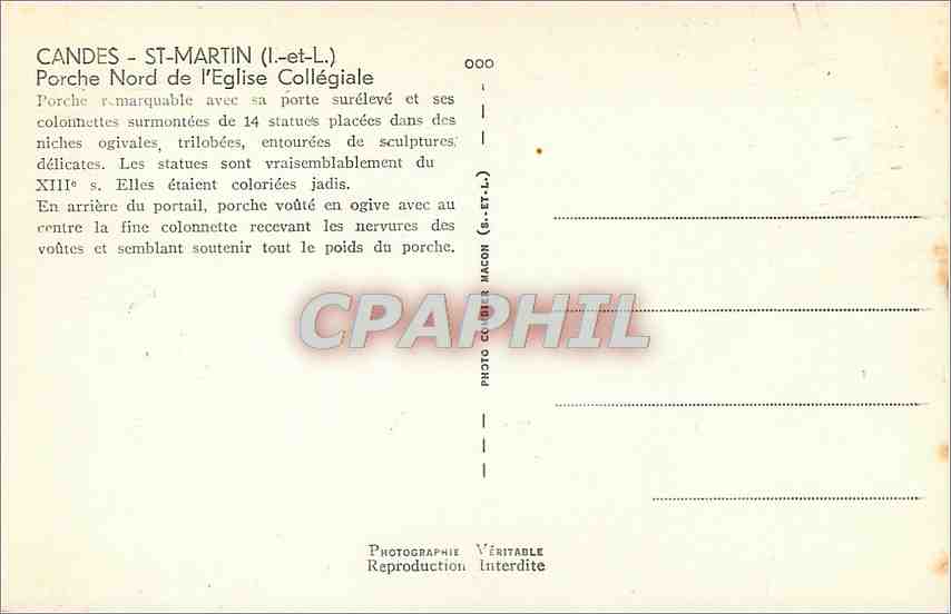 CPA Candes St Martin L et L Porche Nord de l'Eglise Collegiale  — Rückseite