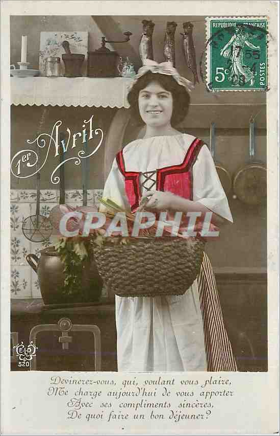Femme en costume traditionnel tenant un panier — 1er Avril — Éditeur ELD n°520