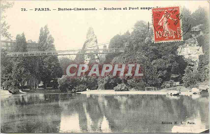 Paris - Buttes-Chaumont - Rochers et Pont suspendu — Édition E. L., Paris, n°72