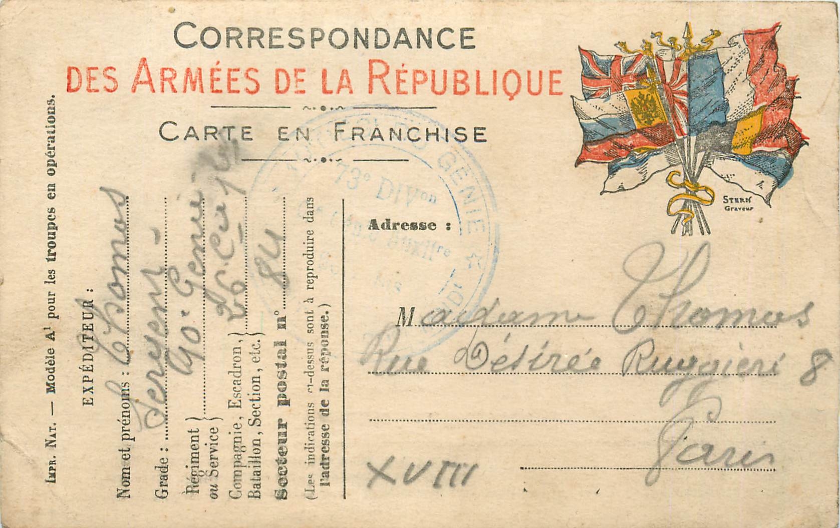 Carte en Franchise Militaire Thomas Rue Desiree Ruggieri Paris