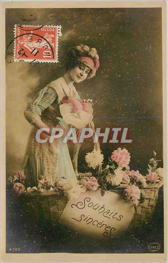 Femme avec panier de fleurs — Souhaits sincères — Curce, n° 4780 - Recto