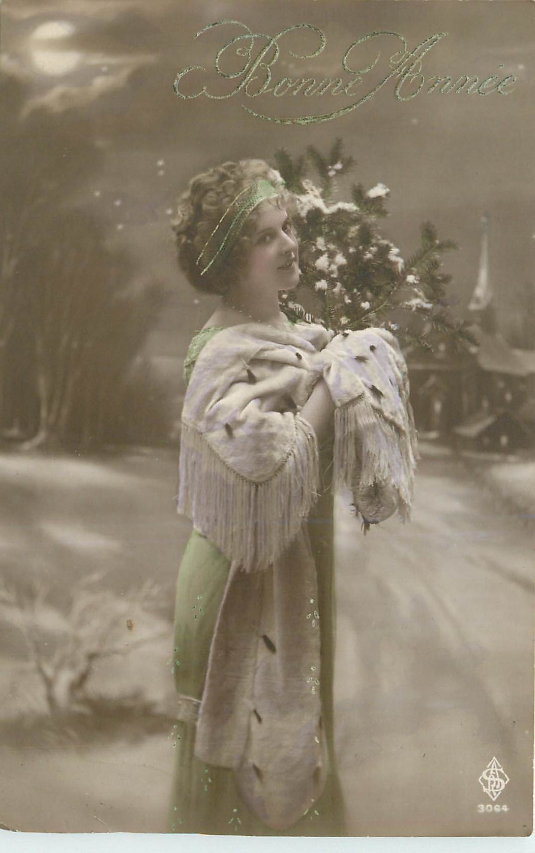 Femme tenant un sapin de Noël — Bonne Année 3094 — S.P.D. Paris