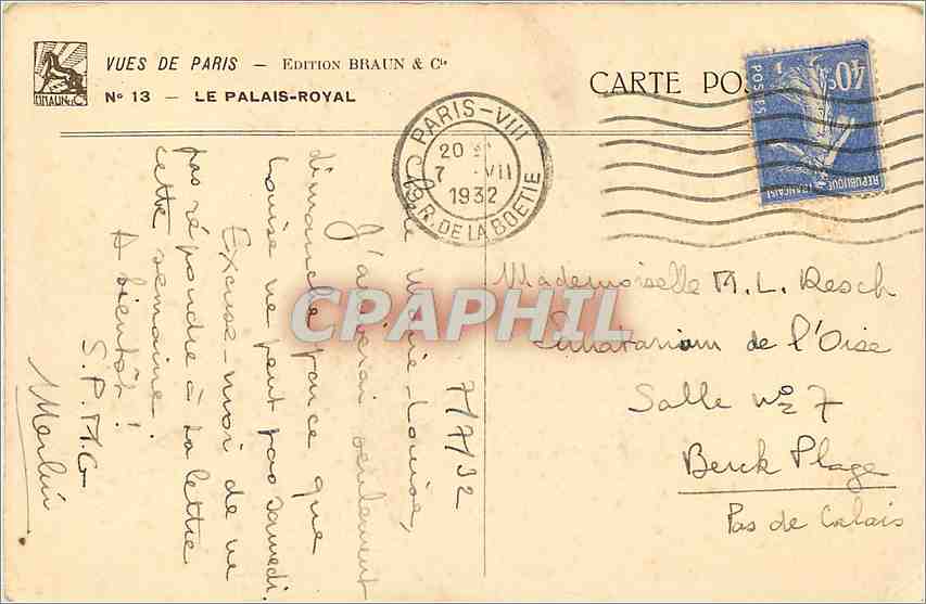 CPA Vue de Paris Le Palais Royal  — Rückseite