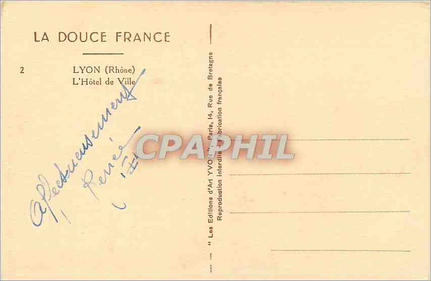 CPA Lyon Rhone L'Hotel de Ville  — Verso