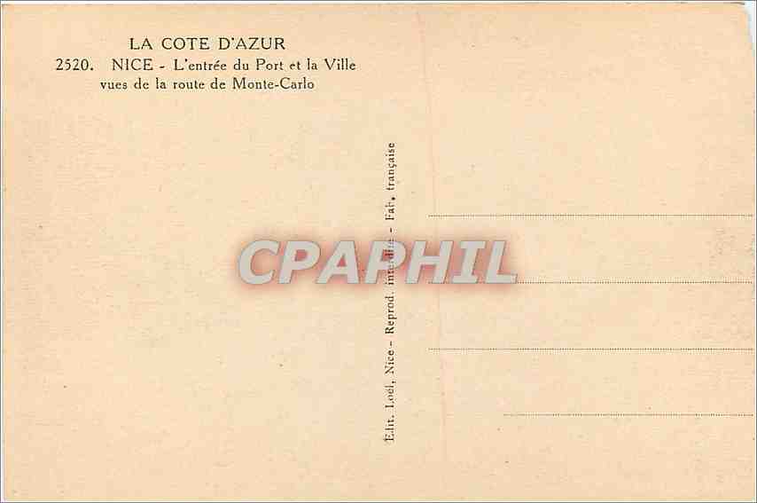 CPA Nice L'Entree du Port et la Ville vues de la route de Monte Carlo  — Rückseite