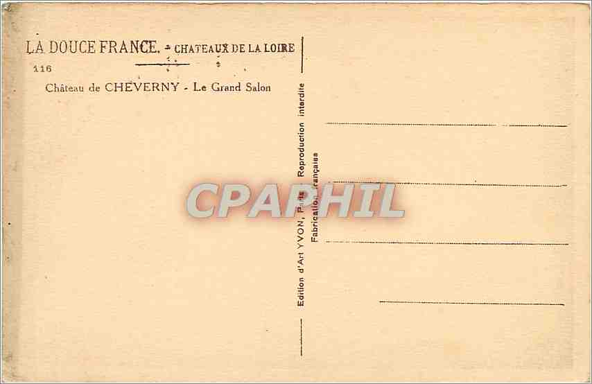 Château de Cheverny - Le Grand Salon — Édition d'Art YVON, Paris, n°116 — Rückseite