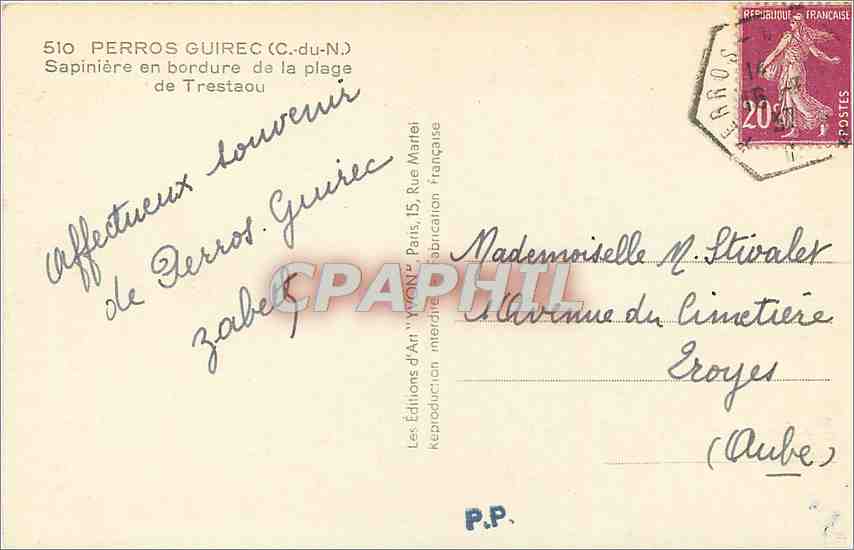 CPA Perros Guirec C du N Sapiniere en bordure de la plage de Trestaou  — Verso