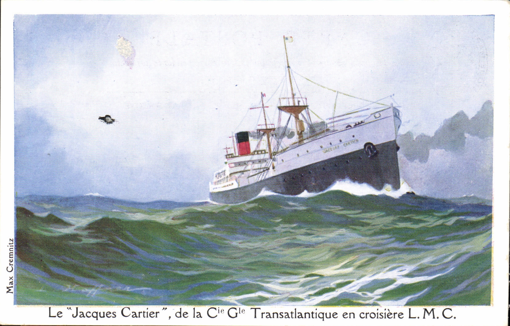 Illustrateur CPA Bateau Boat Le Jacques CArtier de la Compagnie Transatlanique en croisiere Max Cremnitz