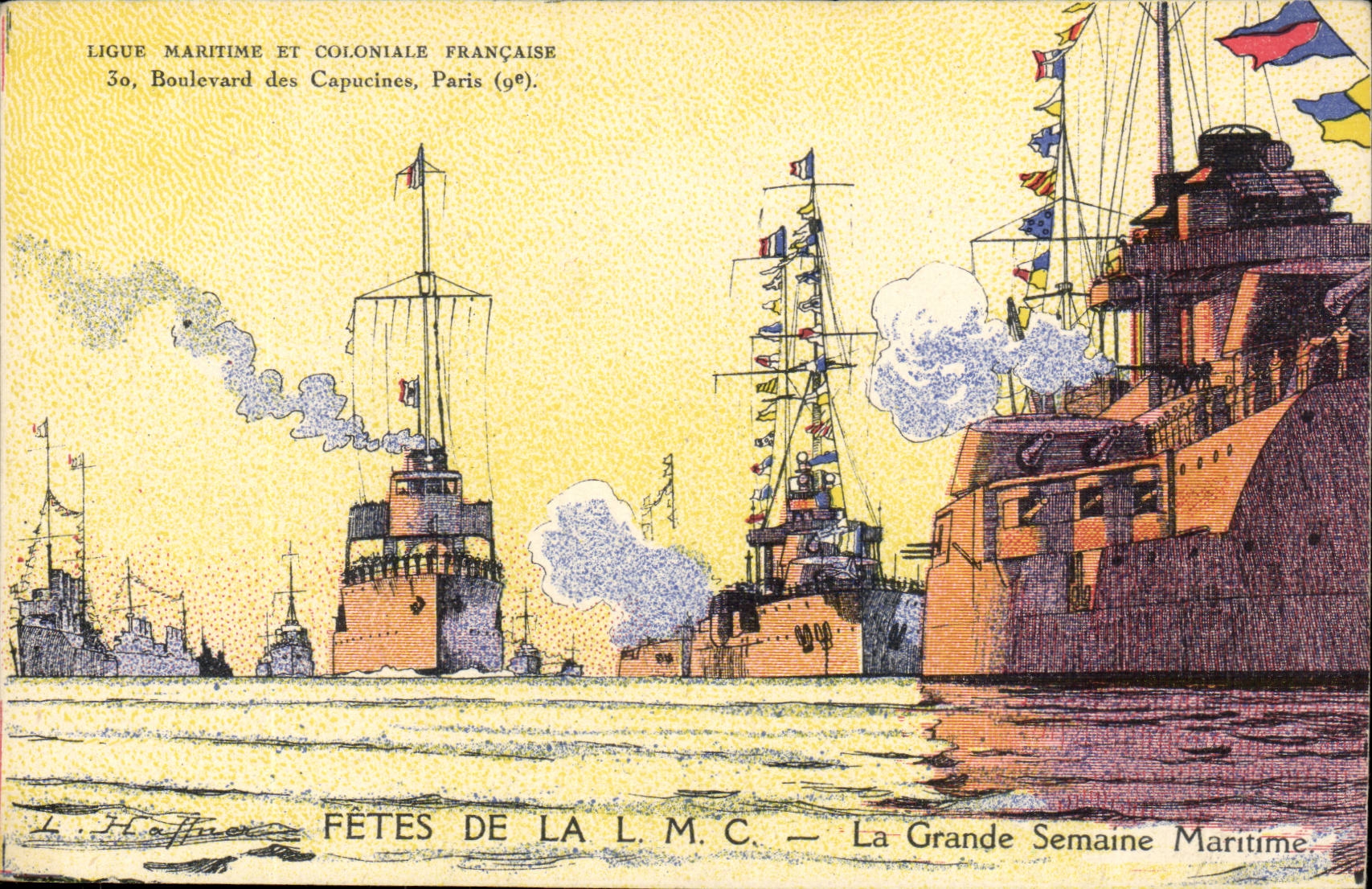 Illustrateur CPA Bateau Boat Ligue maritime et coloniale francaise Fetes de la LMC La grande semaine maritime Guerre
