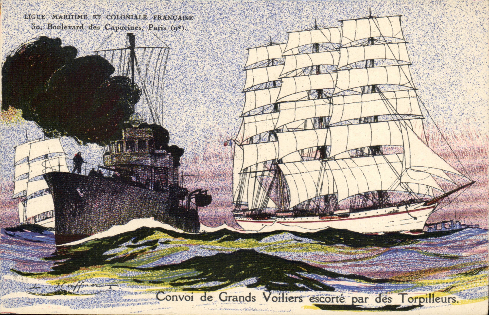 Illustrateur CPA Bateau Boat Ligue maritime et coloniale francaise Fetes LMC Convoi grands voiliers escorte torpilleurs