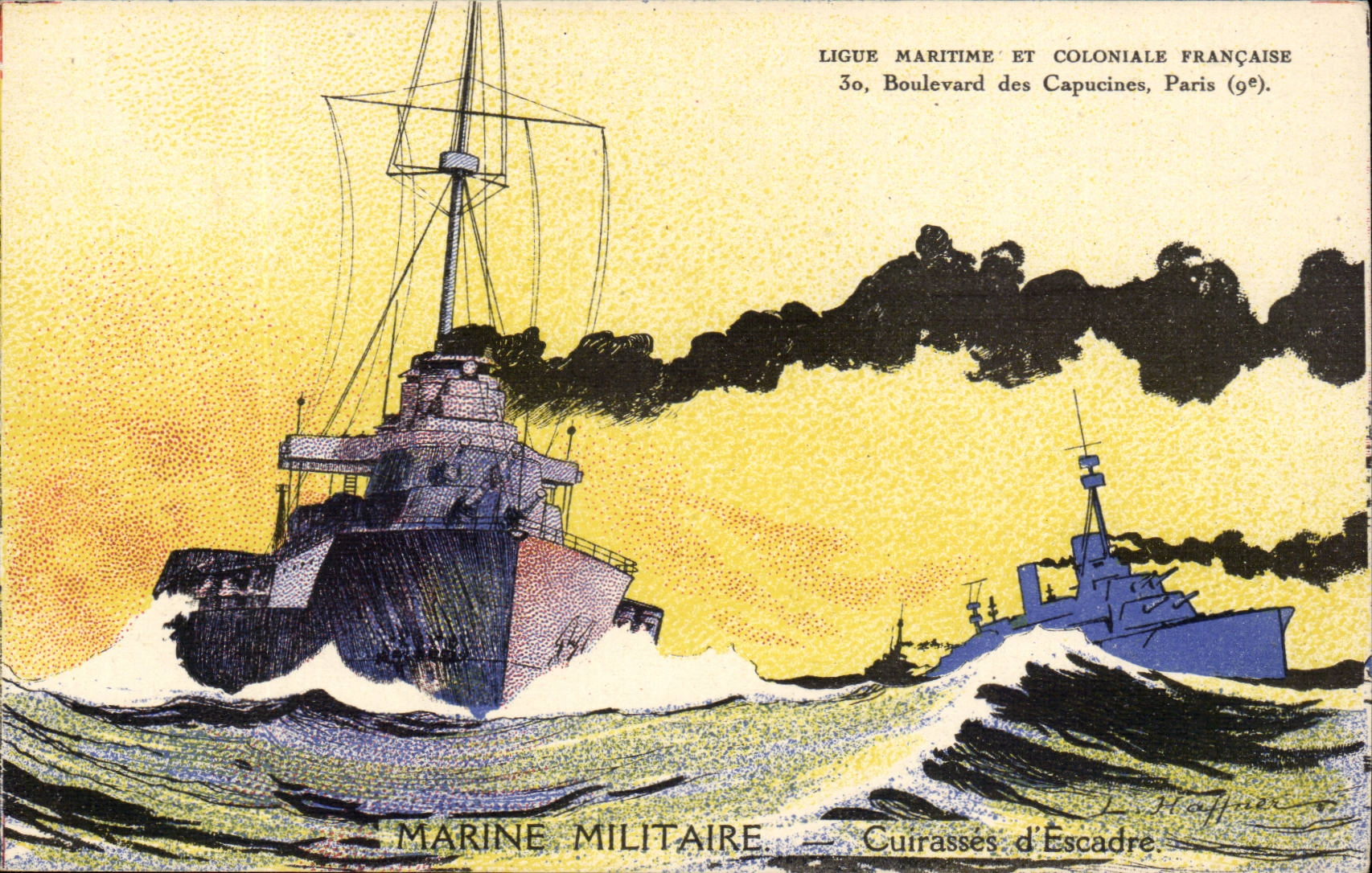 Illustrateur CPA Bateau Boat Ligue maritime et coloniale francaise Marine militaire Cuirasses d escadre