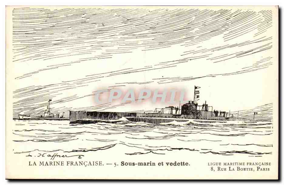 Illustrateur CPA Bateau Boat La marine francaise Sous-marin en vedette