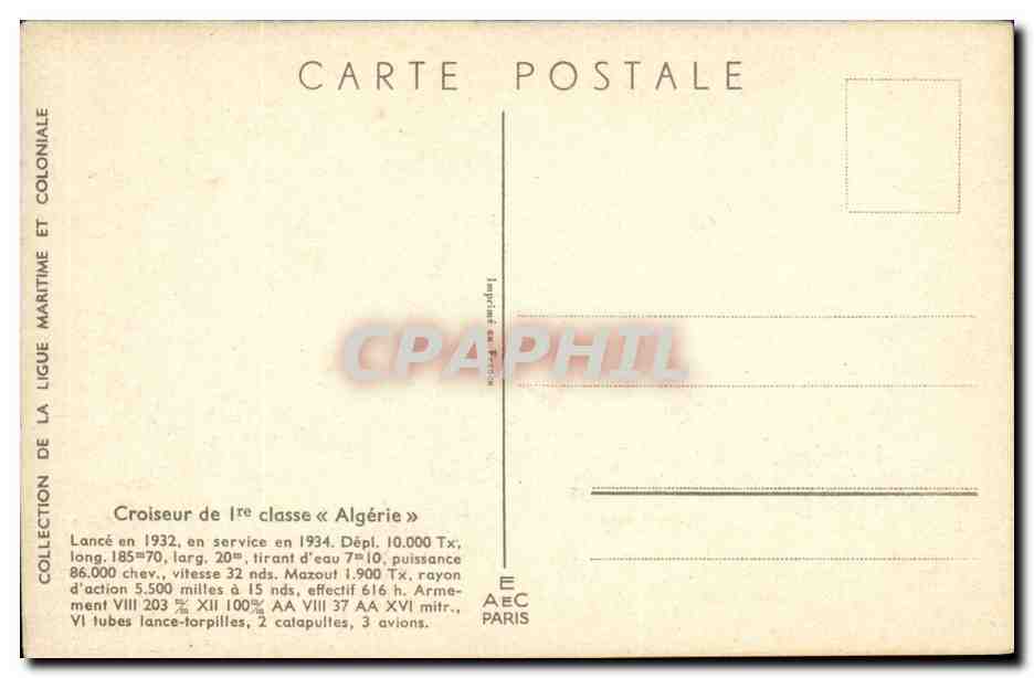 Croiseur de 1ère classe « Algérie » — Collection de la Ligue Maritime et Coloniale — Imprimé en France — Verso