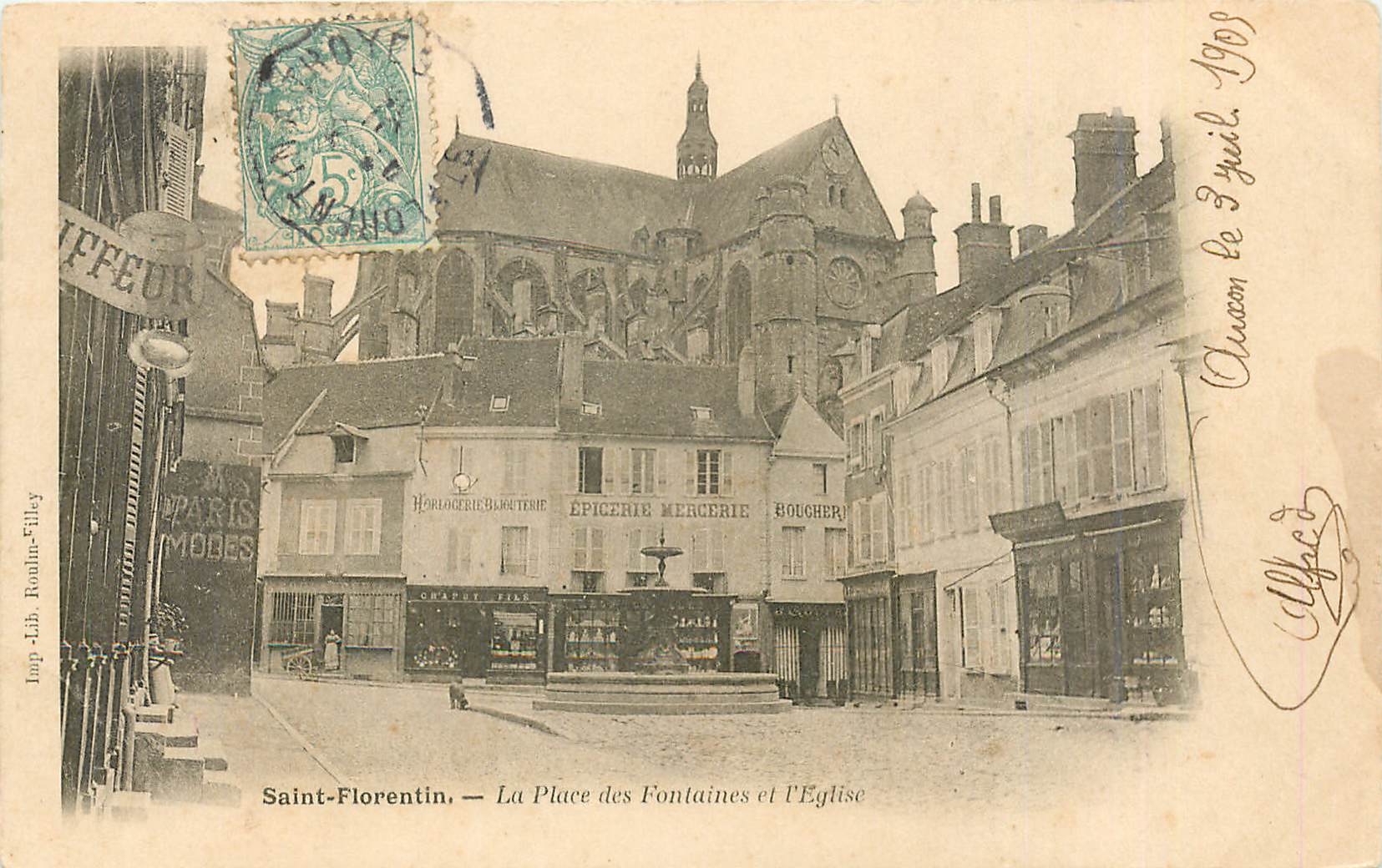 CPA Saint Florentin La Place des Fontaines et l'Eglise Epicerie Mercerie Coiffeur