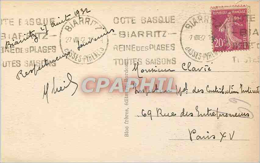 CPA Biarritz Cote basque Le Port des Pecheurs  — Verso