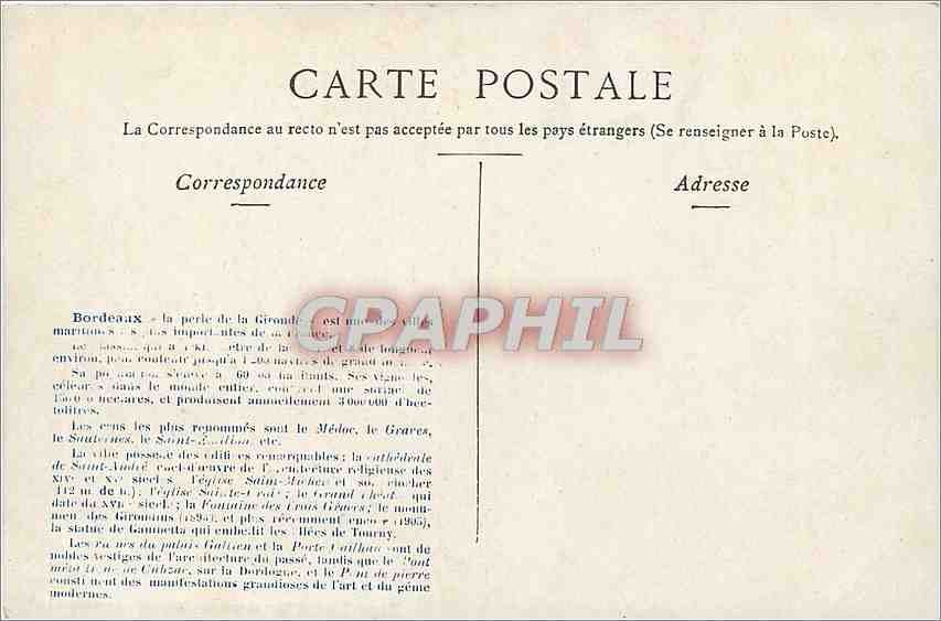 CPA Bordeaux Mairie Cote Jardins  — Verso