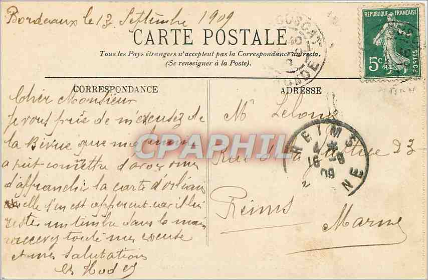 CPA Bordeaux Place de la Comedie et Rue Sainte Catherine  — Verso