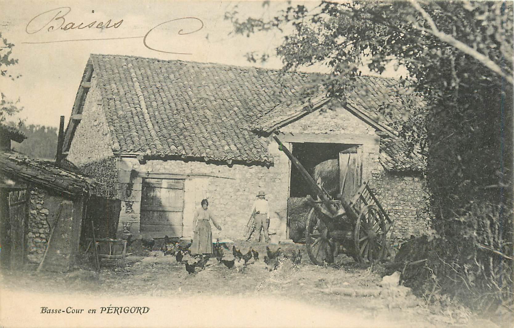 Basse-Cour en PÉRIGORD — scène de ferme avec femme et homme — éditeur Baissers