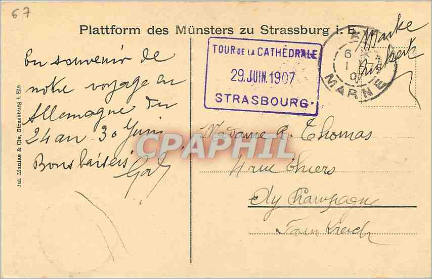 Strasbourg — Vue depuis la plateforme du clocher de la cathédrale — Jul. Manase & Cie, Strasbourg — Rückseite