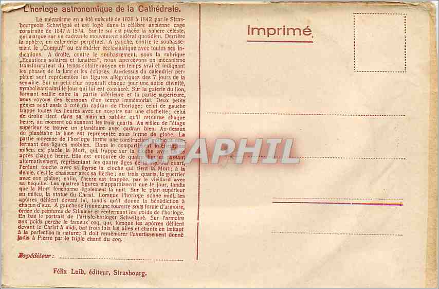 Astronomische Uhr der Kathedrale — Straßburg — Verlag Félix Luib — Rückseite