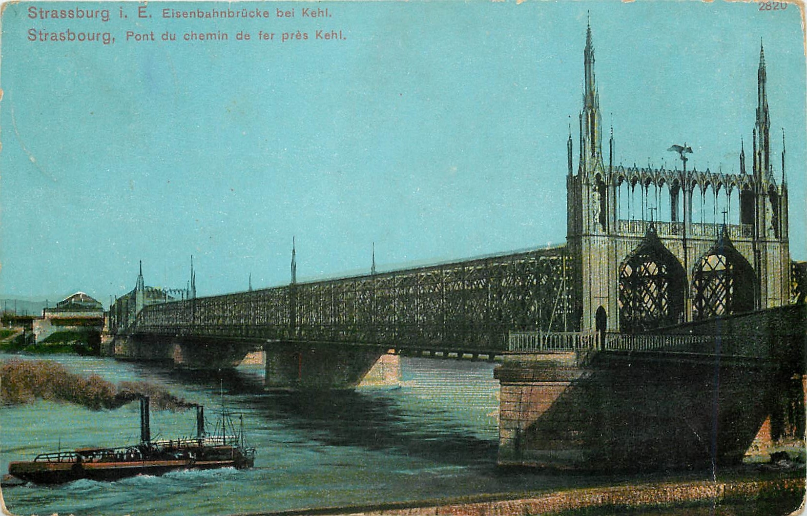 CPA Strasbourg Pont du chemin de fer pres Kehl Bateau