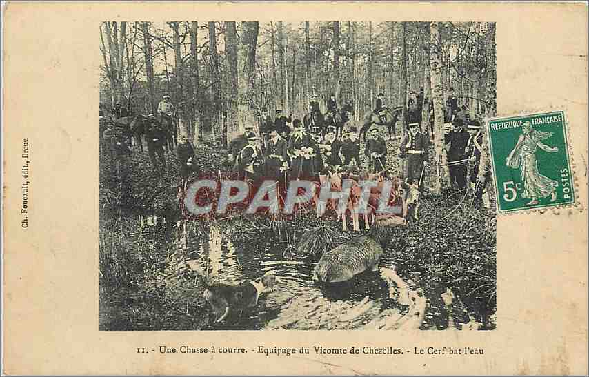 Chasse à courre - Equipage du Vicomte de Chezelles - Le Cerf bat l'eau — Cl. Faucault, édit., Drouot