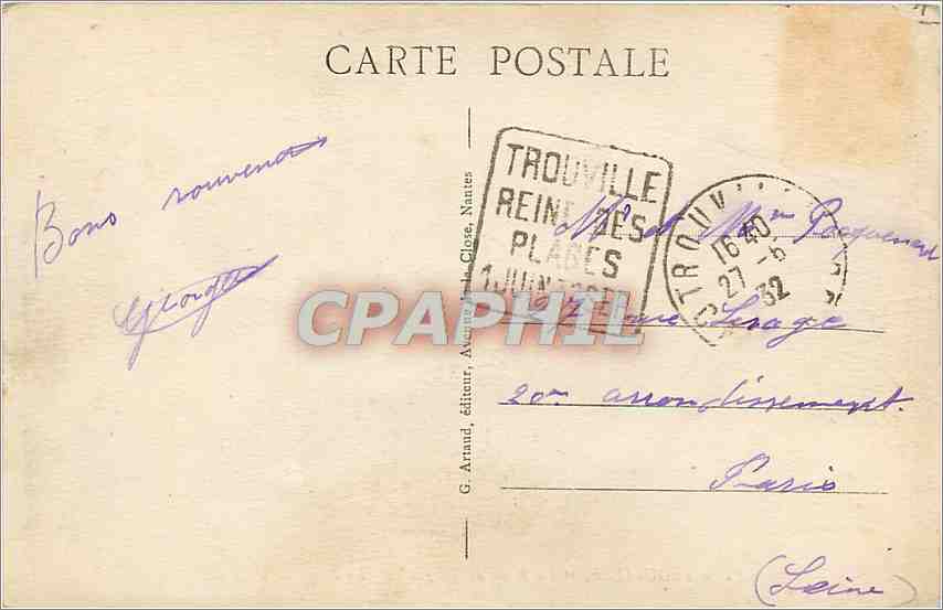 TROUVILLE, "La Reine des Plages" — La Playa y el Casino — G. Arnaud, editor, Nantes — Reverso