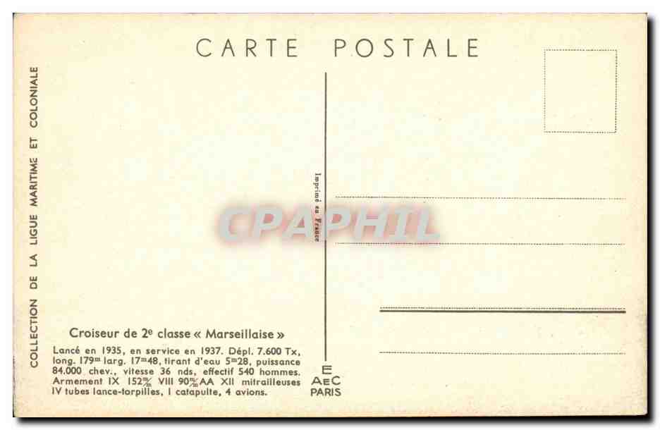 Illustrateur Bateau Boat CPA Croiseur de 2eme classe Marseillaise Guerre — Verso