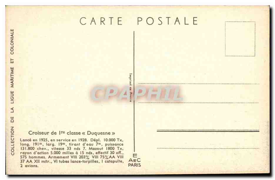 Illustrateur Bateau Boat CPA Croiseur de 1ere classe Duquesne Guerre — Back