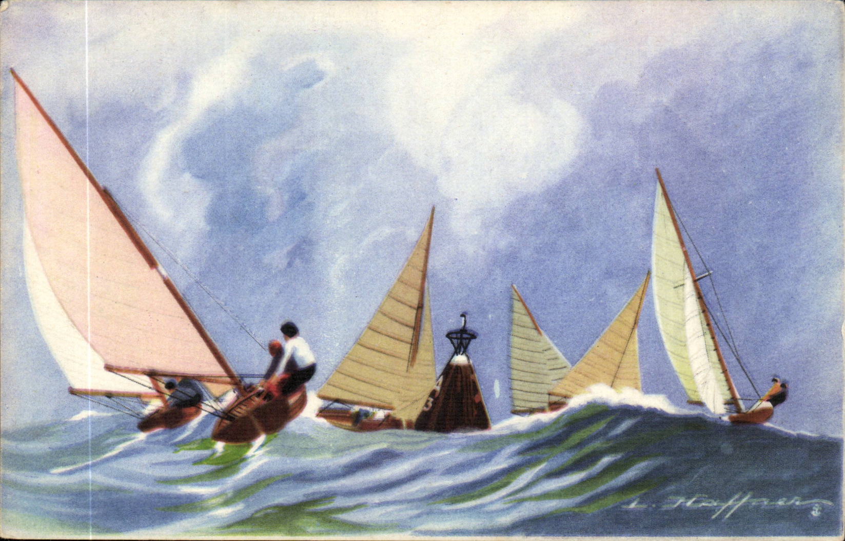 Illustrateur Bateau Boat CPA Le virage a la bouee par les dinghies yachts acrobatiques pour le mer Haffner