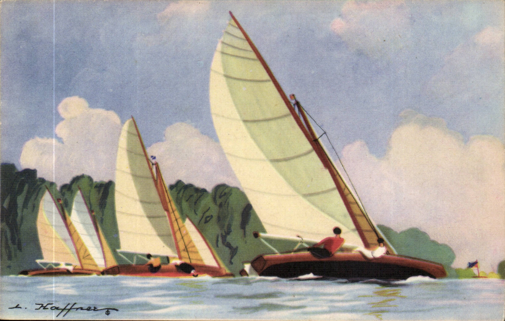 Illustrateur Bateau Boat CPA Au plus pres du vent Yoles acrobatiques pour les lacs et les rivieres yachts Haffner