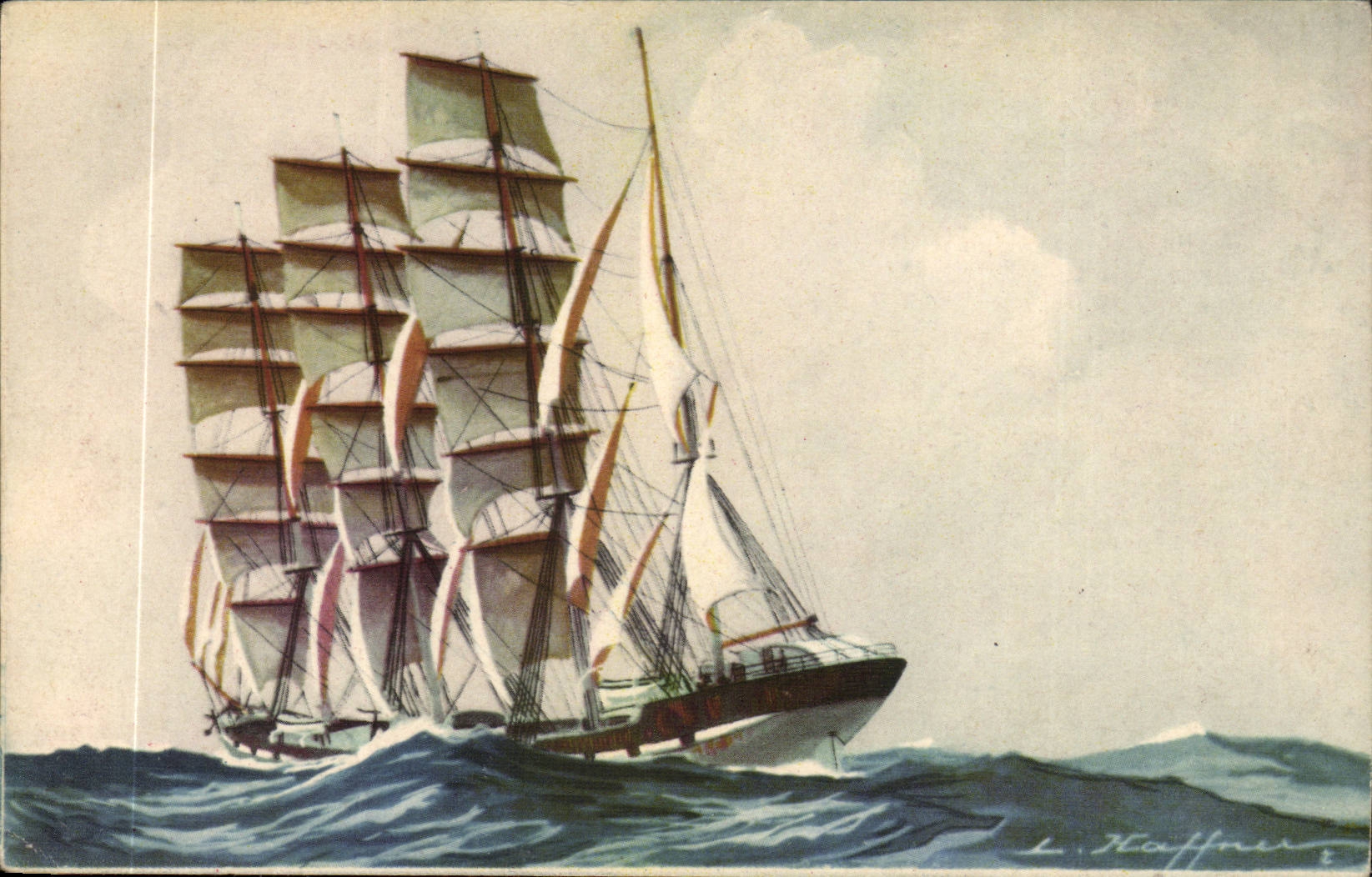 Illustrateur Bateau Boat CPA Quatre mats barque Haffner