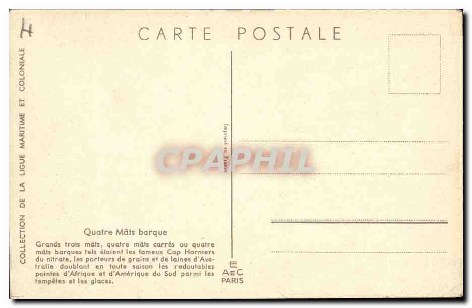 Illustrateur Bateau Boat CPA Quatre mats barque Haffner — Verso