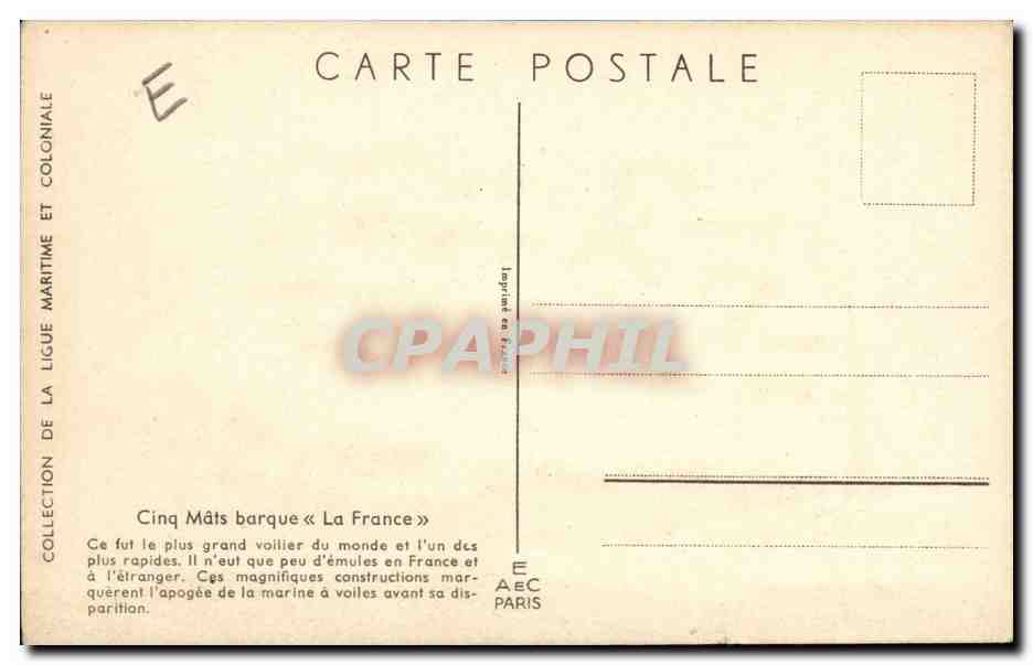 Illustrateur Bateau Boat CPA Cinq mats barque La France Haffner — Back