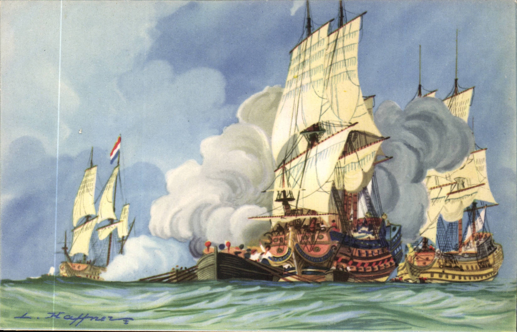 Illustrateur Bateau Boat CPA Debut de la bataille de Beveziers Haffner